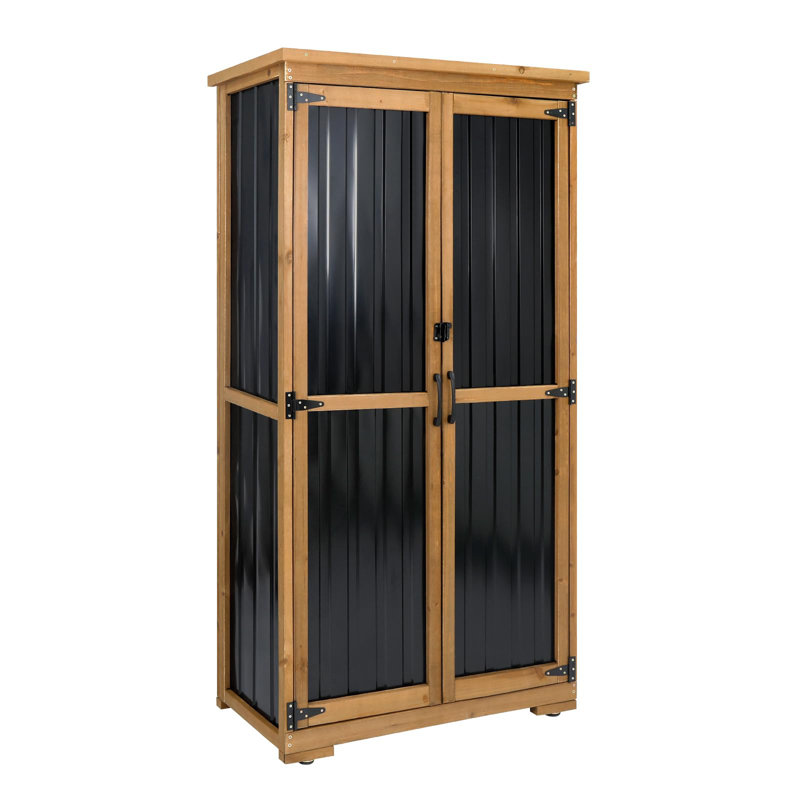 Outdoor Storage Cabinet Wood & Metal with Waterproof Roof, Garden Tool Shed with 3 Removable Shelves, 4 Adjustable Reinforced feet with Metal Brackets, 6 T-Hinge, Magnetic Door