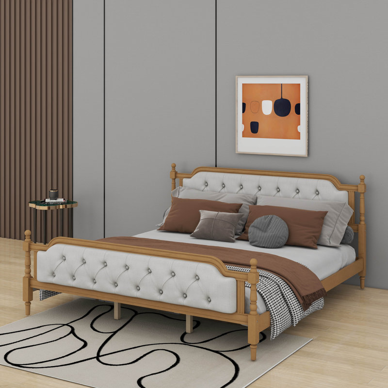 Traditional Style Bed Frame With Upholstered Tufted Headboard, Walnut, King