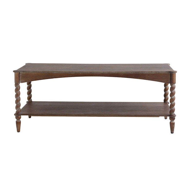 Table basse 47 x 22 x 18,5 po en bois brun rustique avec pieds en spirale tournés et tablette inférieure