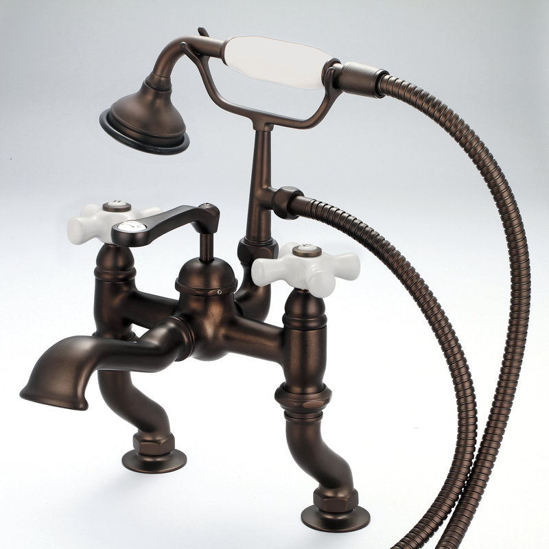 Stonington Deck Tub Spout, Porcelain Cross Handles, Oil Rubbed Bronze