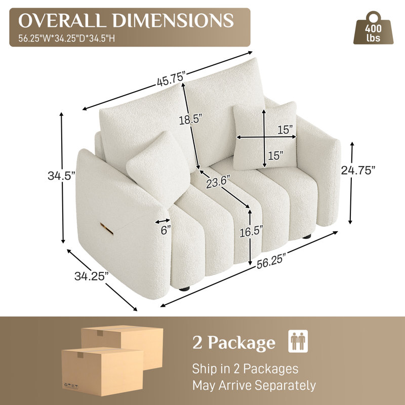 Causeuse rembourrée en tissu 58 po, Blanc beige