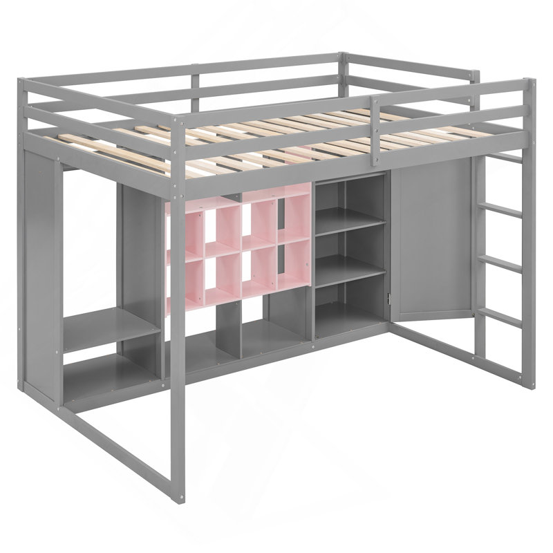 Lit mezzanine en bois pleine grandeur avec garde-robe, tablettes et armoire, Rose / Gris, Lit double