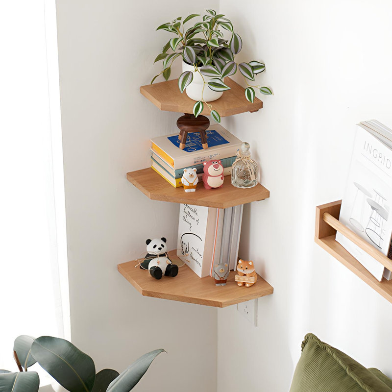 Solid Oak Corner Shelf | Wall-Mounted Floating Storage Unit, 0.7” H x 8.66” W x 8.66” D