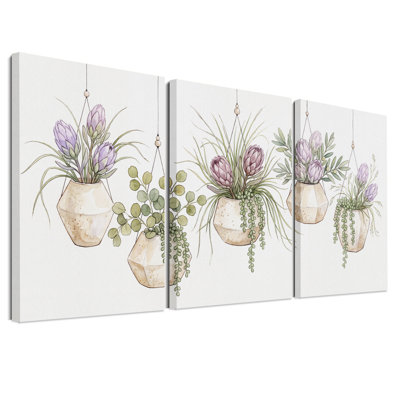 Ensemble de 3 pots à fleurs géométriques suspendus avec fleurs mauves