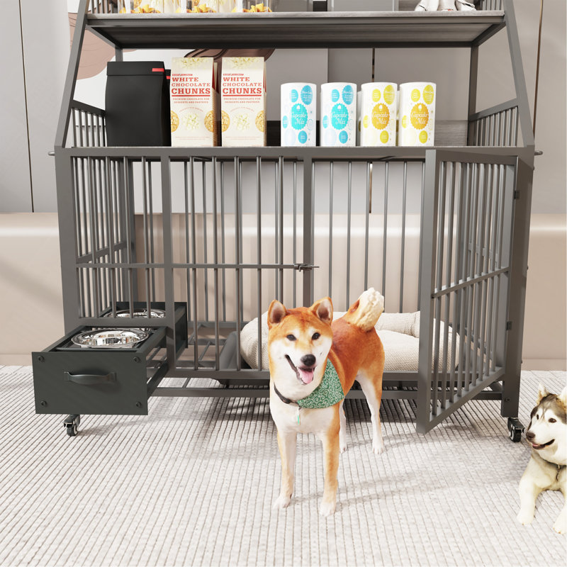 Grande cage pour animaux de compagnie avec support de rangement, tiroirs avec bacs à nourriture et à eau en acier inoxydable, support de rangement à double couche en cadre de fer et matériau en bois aggloméré, robuste, exquis et pratique (noir + gris fumée)