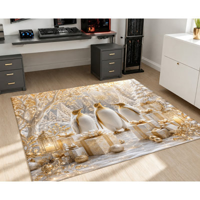 Tapis de Noël fantaisiste à motif de pingouins lavable à la machine avec envers antidérapant, tapis festif à motif de scène d'hiver, décoration intérieure confortable pour le salon, la chambre à coucher, la salle à manger, le vestibule, appartement