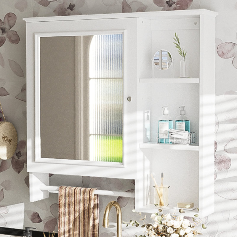 Armoire de rangement murale pour salle de bain, armoires à pharmacie avec grande porte miroir, tablettes réglables et trois niveaux de rangement ouverts (meuble-lavabo non inclus)