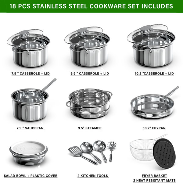 Tramontina Primaware 18 Piece nonstick Kitchen Cookware Set Stainless steel  Gray