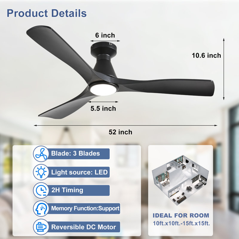 Ventilateur de plafond encastré discret de 52 pouces (132 cm) à 3 pales, noir, avec éclairage et télécommande. Ventilateur intérieur/extérieur à intensité variable, moteur CC silencieux et minuterie.