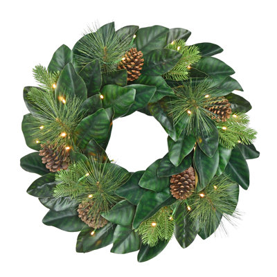 24 In. Pre-Lit Magnolia Artificial Wreath