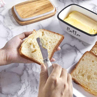 Butter Dish With Lid And Knife For Countertop , Airtight Ceramic Butter Keeper Container With Thick Acacia Wood Lid For Counter Or Fridge , For Farmhouse Kitchen Decor And Accessories