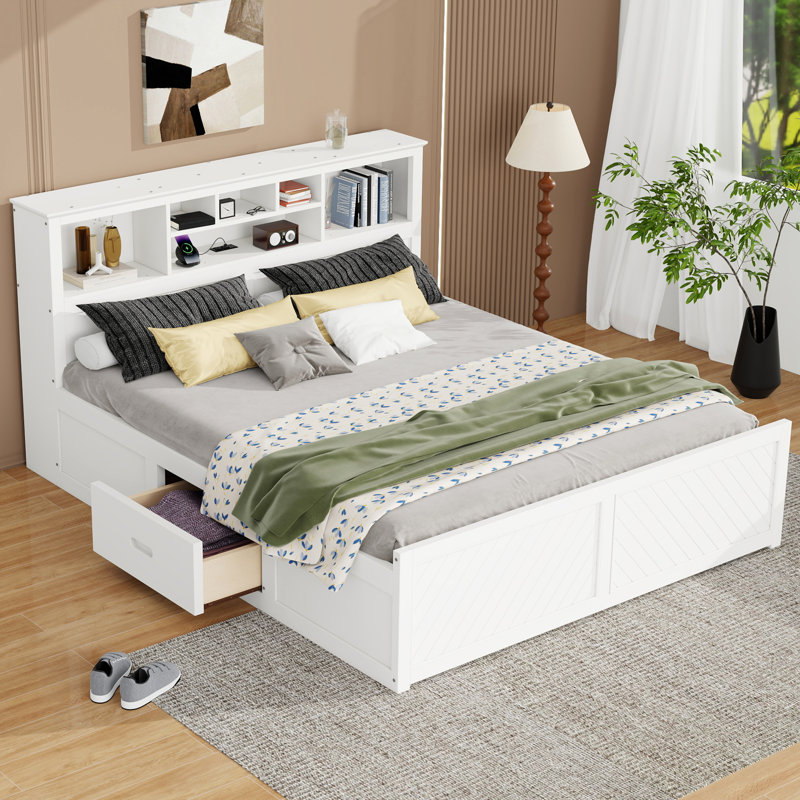 Platform Bed With 2 Storage Drawers, White