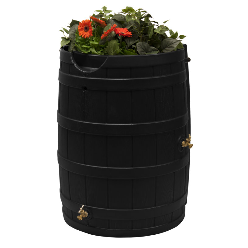 Good Ideas 65 Gallons Plastic Drainable Dual Overflow Planter Rain Barrel, Black