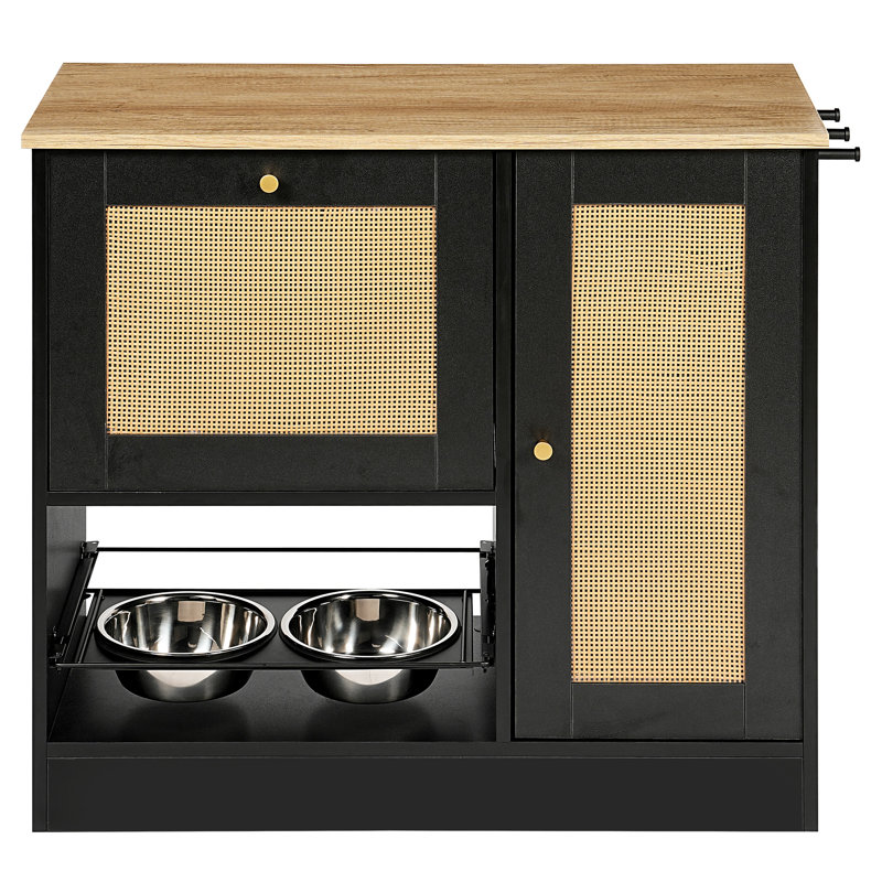 Black Rattan‑Door Pet Feeding Station with Storage, Elevated Bowls and Hooks