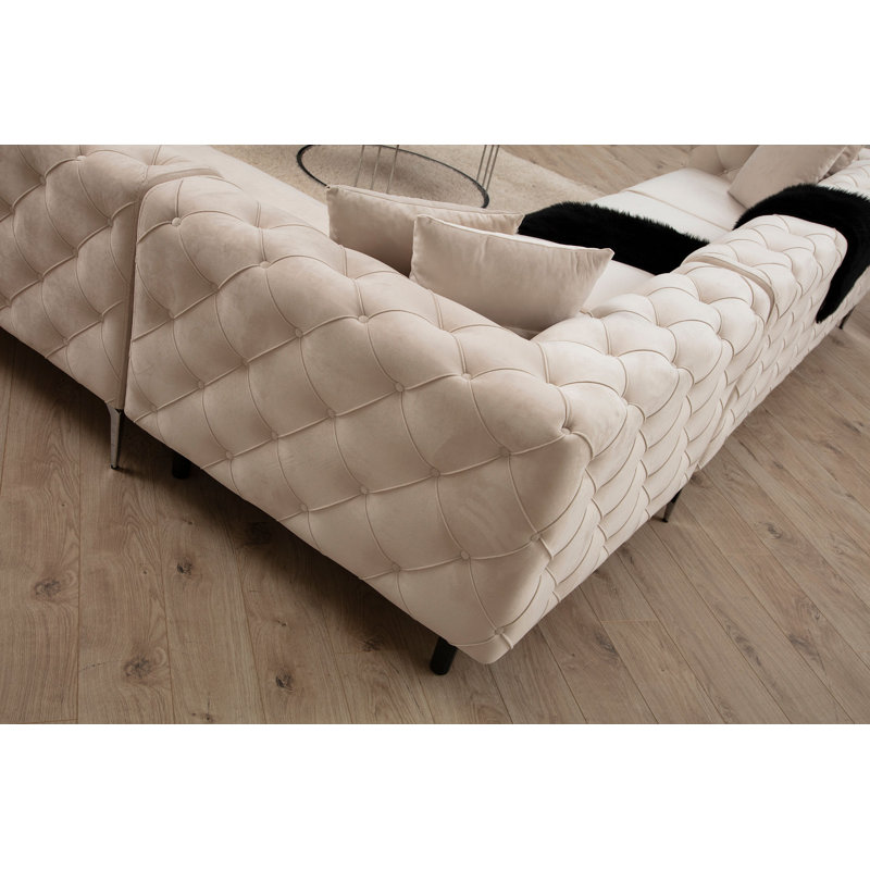 Modern Ecru Corner Sofa, Beech Wood Frame & Chipboard, 122.0 x 27.6 x 106.3 inches | 100% Polyester Fabric, 6 Removable Pillows, Metal Legs, Dry-Cleanable, Comfortable 28 & 24 DNS Foam | Stylish & Functional Living Room Furniture
