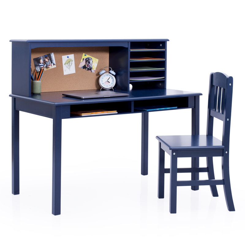 Navy Wooden Kids Computer Desk with Hutch and Chair Set