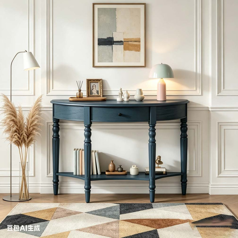 Console demi-lune avec tiroir et tablette, Marine