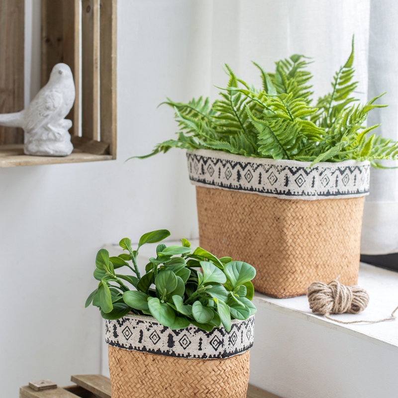 Set Of 2 Rectangular Basket Planters With Geometric Trim, L:10.5X8.5X8" S:7.5X5.5X6.5"