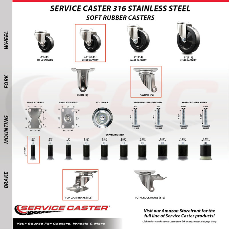 Ensemble de roulettes extensibles en caoutchouc 316SS