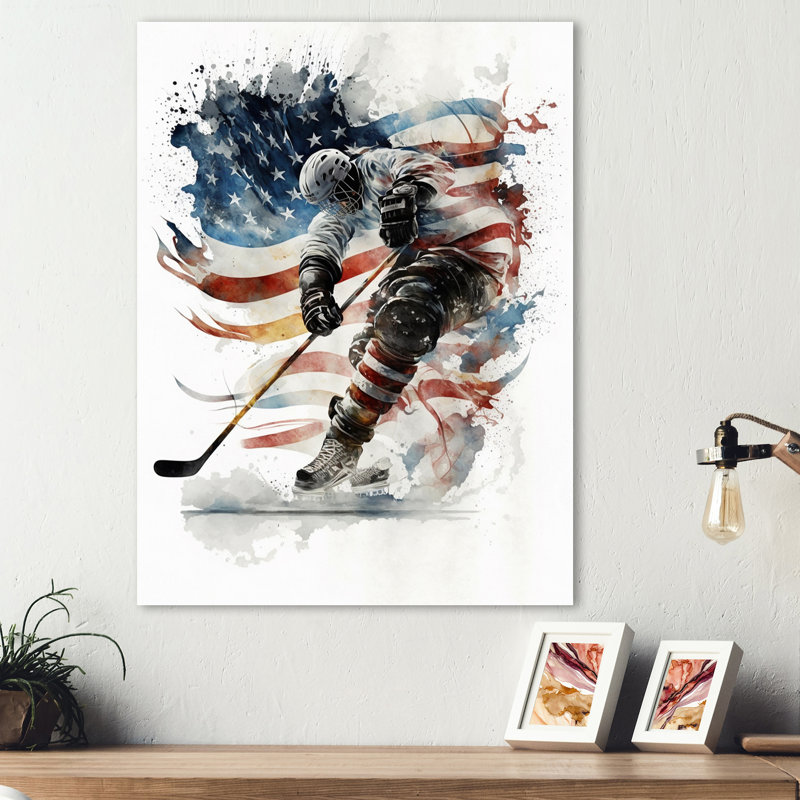 Joueur de hockey sur la patinoire pendant le match I, H 32 po x l 24 po x P 1 po, Toile tendue