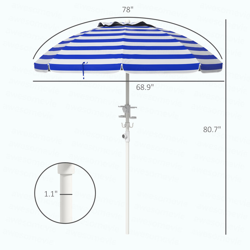 Outsunny 5.7' Portable Beach Umbrella With Tilt, Adjustable Height, 2 Cup Holders & Hooks, UV 40+ Ruffled Outdoor Umbrella With Vented Canopy, Blue
