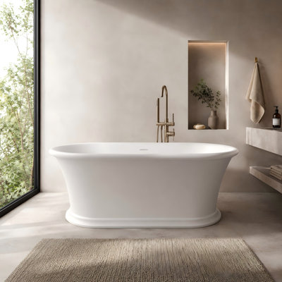 61" Freestanding Solid Surface Soaking Bathtub with Roman Pedestal Base, Matte White Stone Resin Tub