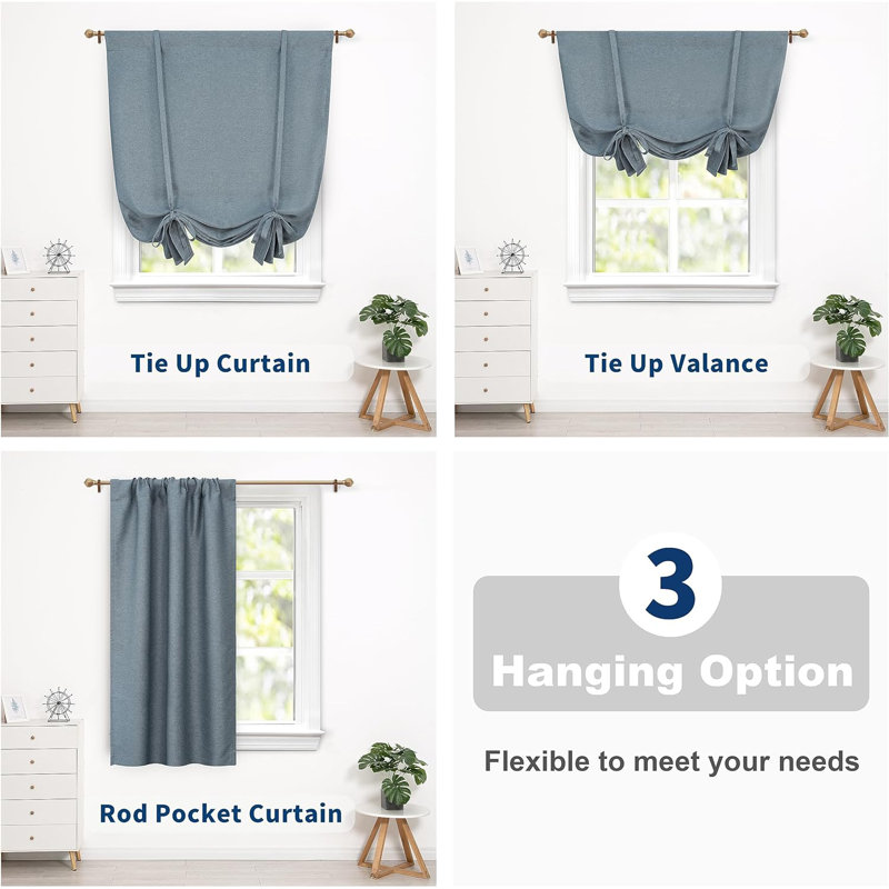 Makale Faux Linen  Textured Solid Color Blackout Tie Up Curtain for Kitchen Decorative Adjustable Balloon Rod Pocket Window Linen Curtain 1 Panel