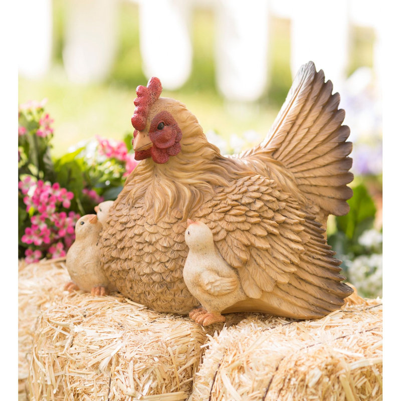 Sculpture de jardin poule Alyisha avec poussins