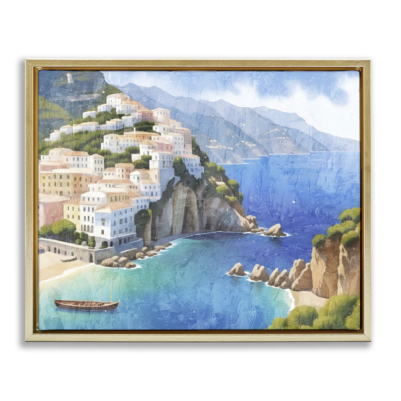 Cadre flottant Vibrant Coastal Seascape, conception de Kim Allen, H 25 po x l 31 po, Cadre flottant métallique doré