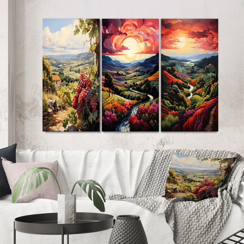 «Vineyard Twilight Bliss», 3 pièces sur toile, H 40 po x l 60 po, Toile tendue