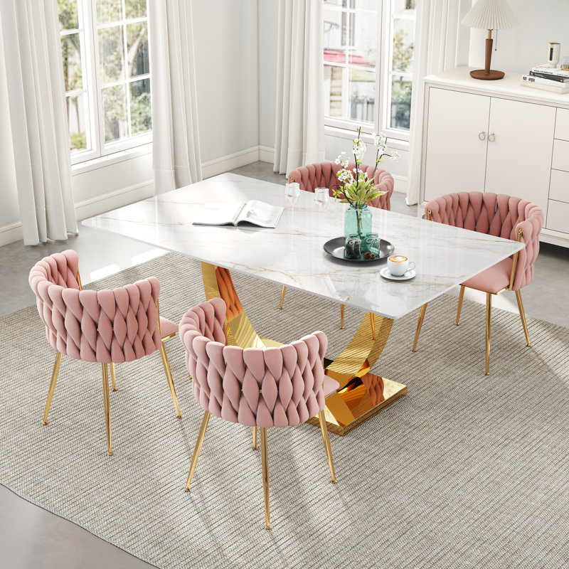 Ensemble de salle à manger rectangulaire à piédestal avec chaise tissée, Rose