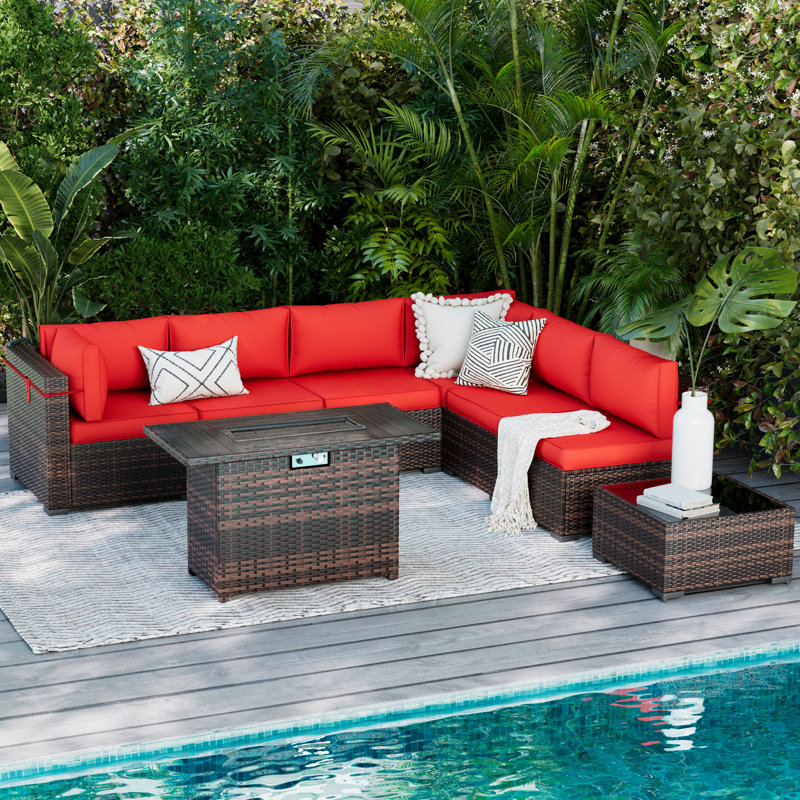 Ensemble de terrasses 8 pièces avec foyer Benboe, Cadre brun / coussin rouge vif