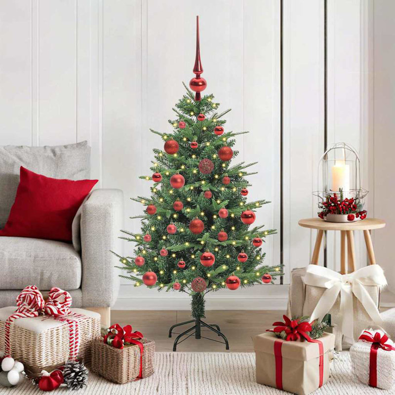 Artificial Pre-lit Christmas Tree with Ball Set, Green/Red, 120cm H