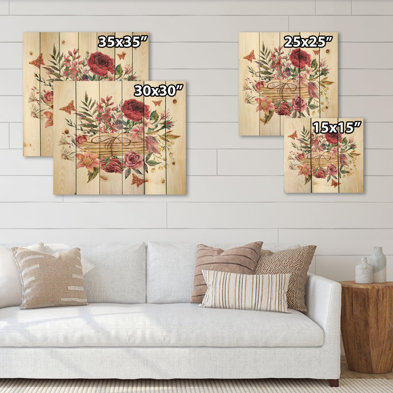 Lettres rétro vintage avec fleurs sauvages - imprimé campagnard sur bois de pin naturel, H 35 po x l 35 po x P 0,78 po