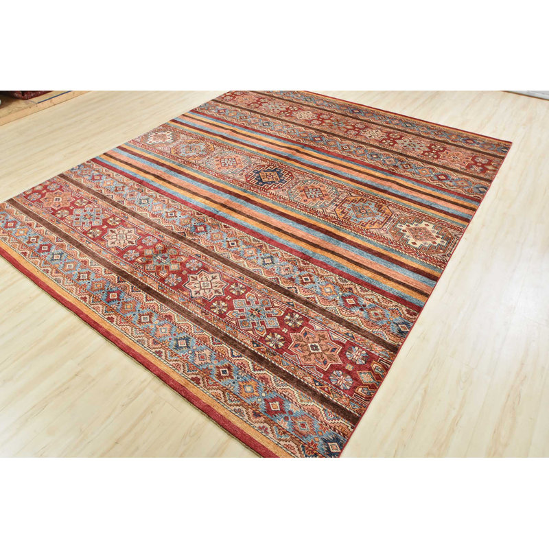 Tapis rouge en laine noué à la main de conception unique 8 pi 4 po x 9 pi 8 po Gabrille