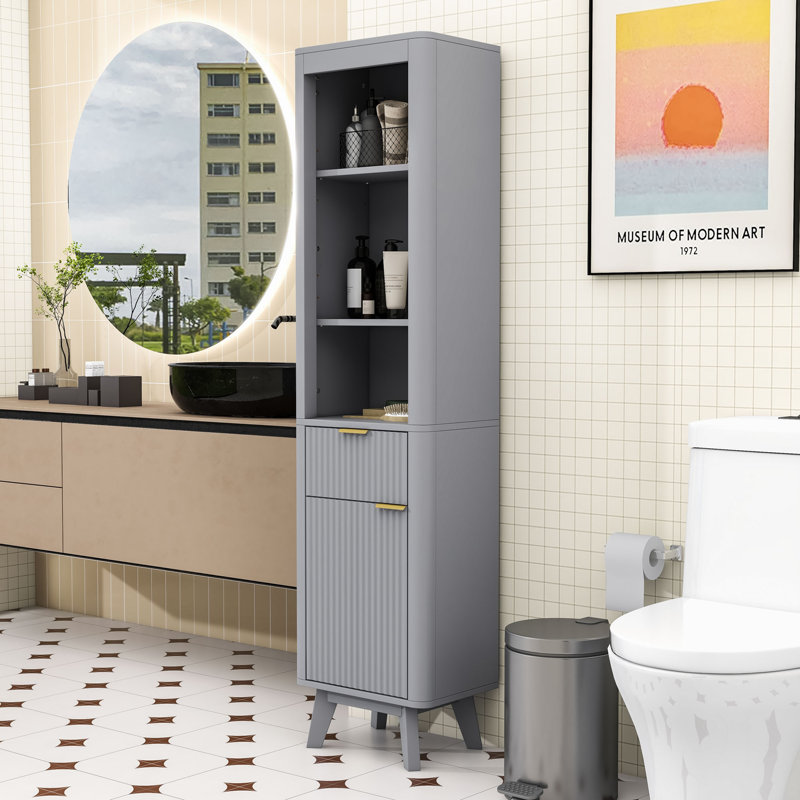 Grande armoire de rangement pour salle de bain avec tablettes réglables, tiroir et porte pour petits espaces, Gris