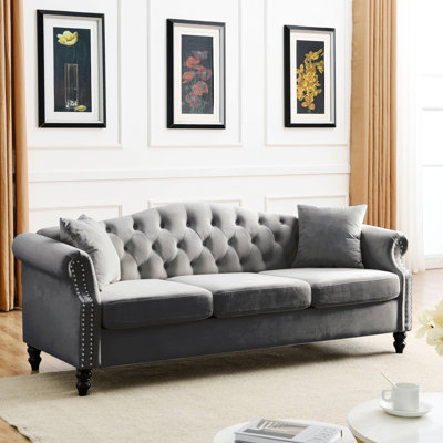 Chesterfield Sofa,3 Seater Sofa Tufted Couch with Rolled Arms and Nailhead,2 Pillows -  Alcott HillÂ®, F5E0F37A9FB9442D99819CA1F35C5220