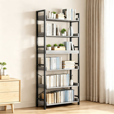 Bibliothèque industrielle avec étagères réglables, haute bibliothèque verticale pour bureau, salon et chambre, tablette de rangement ouverte en bois et métal