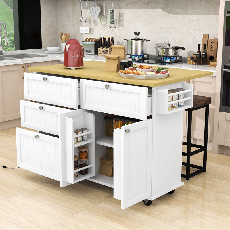 Nels 3-Piece Wooden Kitchen Island Set, Kitchen Island with Drop Leaf, Storage Cabinet and 2 Stools, White