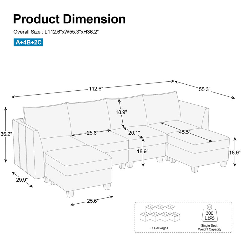 Canapé modulaire Uthyr 7 pièces à 4 places avec canapé de rangement de 112,6 pouces, Chenille noir