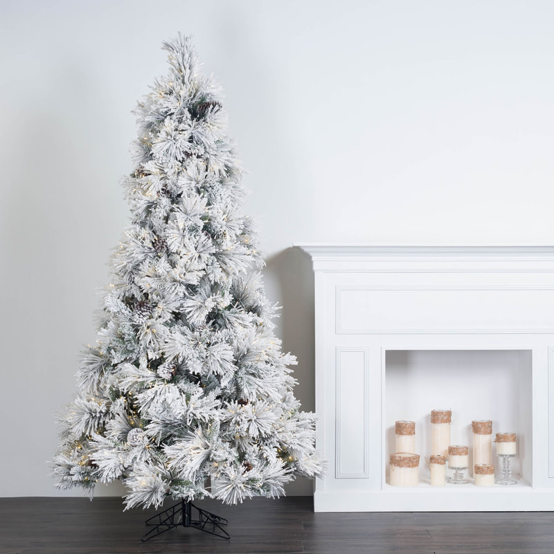 Atka Flocked Artificial Christmas Tree with LED Clear/White Lights with Stand, 6.5' H