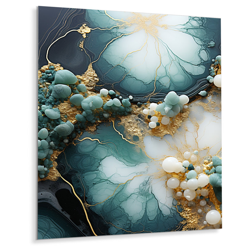 Or et fleurs blanches sur pierre bleue IV - Art mural en métal Geode Stone, H 20 po x l 12 po x P 1 po