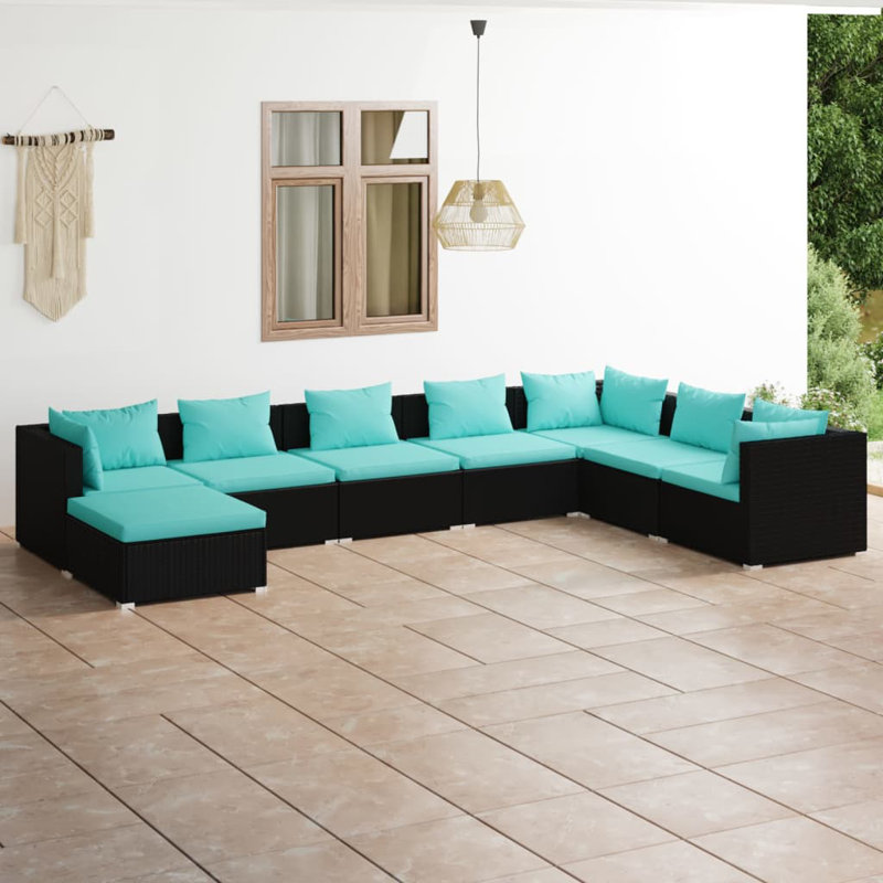 27.6" Wide Square Patio Sectional Set with Cushions, Water Blue, Black