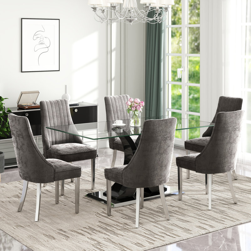 Ensemble de salle à manger moderne à piédestal rectangulaire avec chaise Chenin Dininig, Gris, 7, Noir