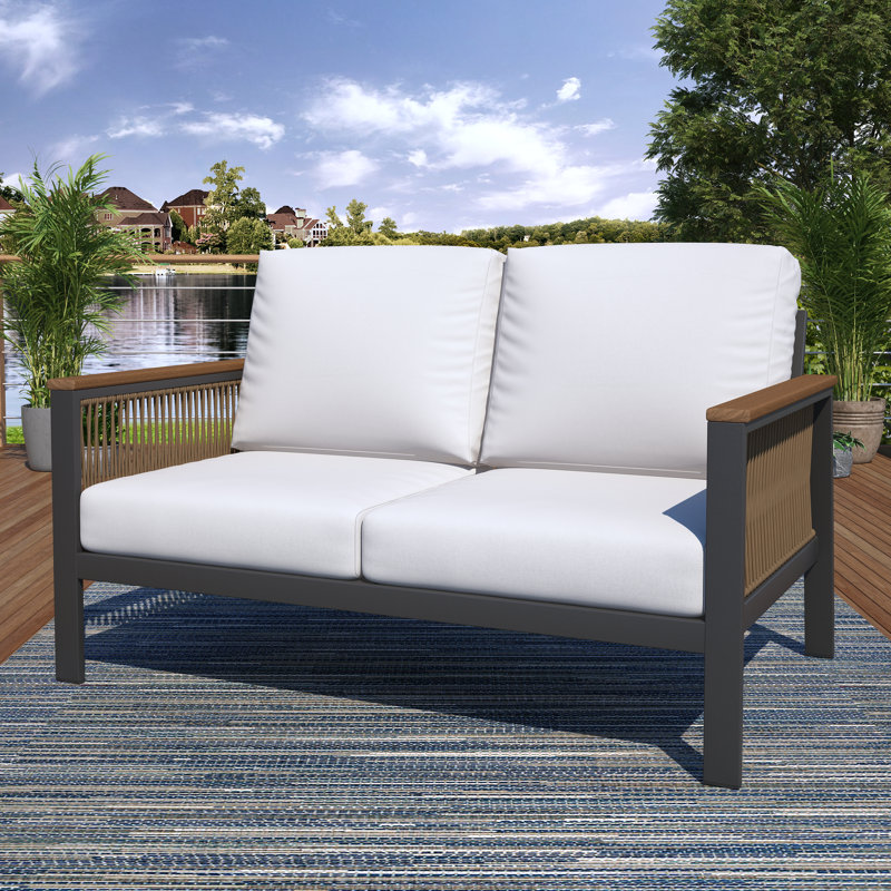 Townsend 55'' Wide Outdoor Loveseat with Sunbrella® Cushions, Canvas White Sunbrella® Canvas, Gray/Brown