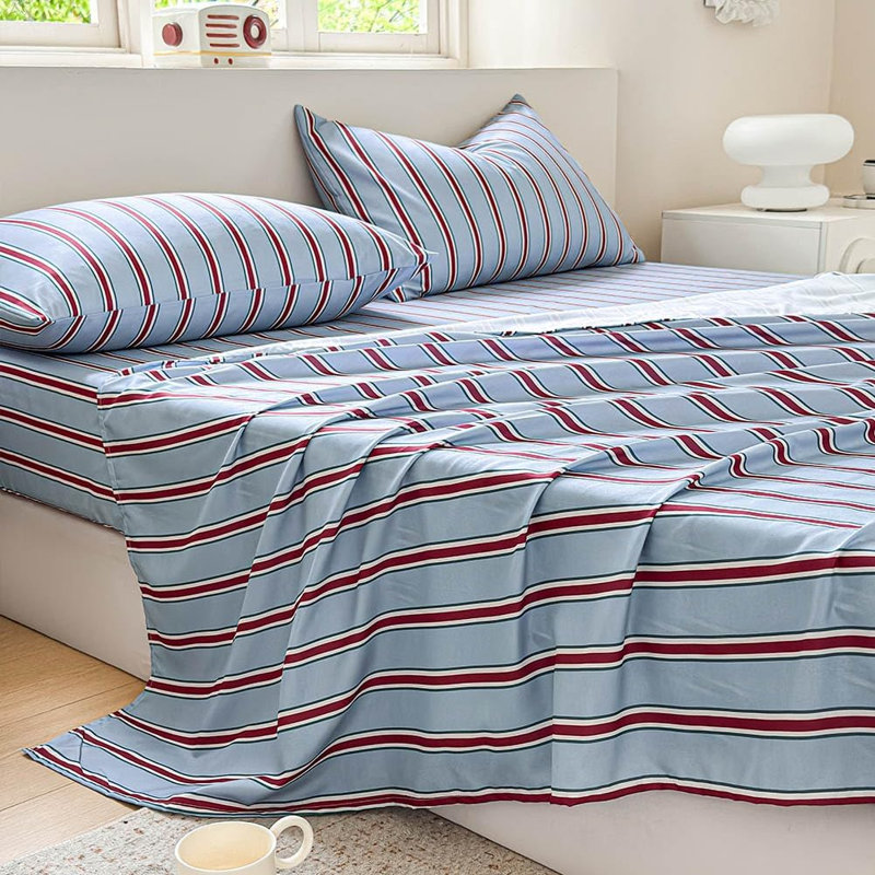 Draps en percale rayée, draps de lit en microfibre douce prélavée à fines rayures, ensemble de draps de style ferme avec poches profondes