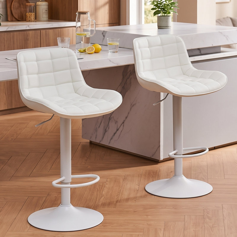 Zager Swivel Upholstered Adjustable Height Bar Stools, White Faux Leather/White Frame