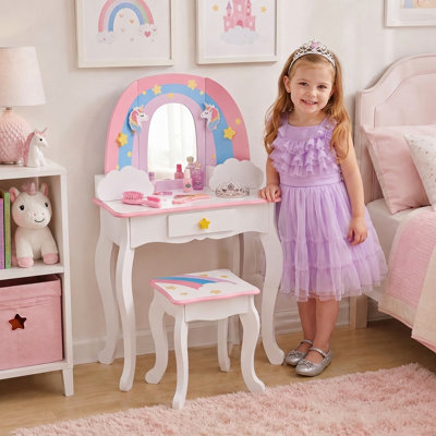  Teamson Kids Little Dreamer Rainbow Unicorn 2-pc. Wooden Vanity Table & Stool Set with Mirror and Storage Drawers