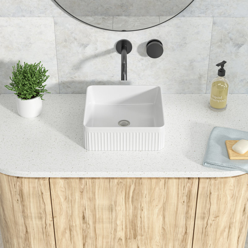 16" Square Fluted White Ceramic Vessel Bathroom Sink, Modern Above-Counter Basin with Vertical Ribbed Design for Contemporary Bathrooms