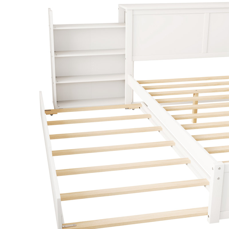 Salix Storage Platform Bed With Pull Out Shelves And Trundle, Queen, White